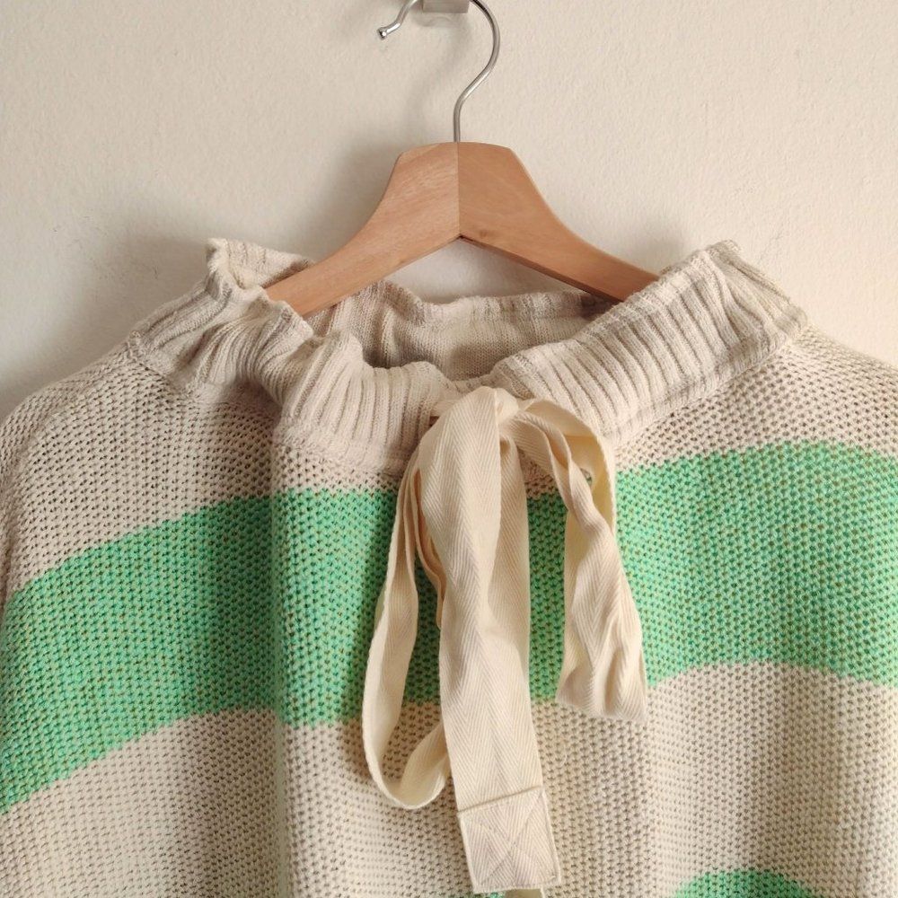Free People Striped Linen Blend Sweater XS NEW Oversized Green Ivory Pullover - Picture 3 of 11